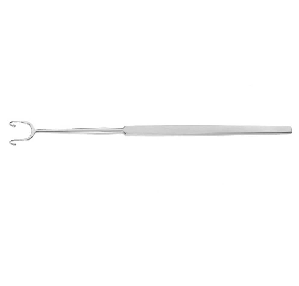 A long, slim, steel tool with a narrow, U-shaped end featuring two small prongs. The Fomon Double Ball End Retractor, 6-1/4″ (16cm), 11mm Tip has an elongated, flat handle that tapers into the functional end. It is designed to be non-perforating against tissues. The background is white.
