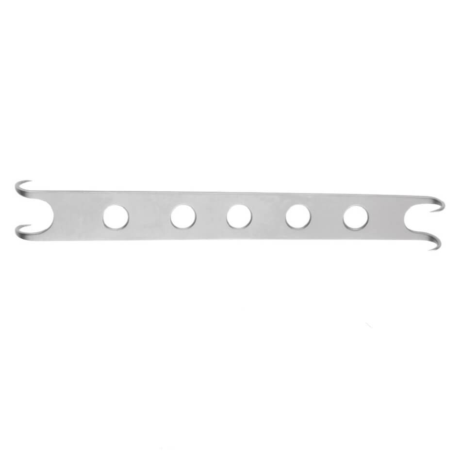 A Converse Alar Retractor, 4-1/2″ (11.5cm), 10mm/14mm Tip with five circular holes and a hooked end on both sides, featuring a perforated handle for a positive grip.