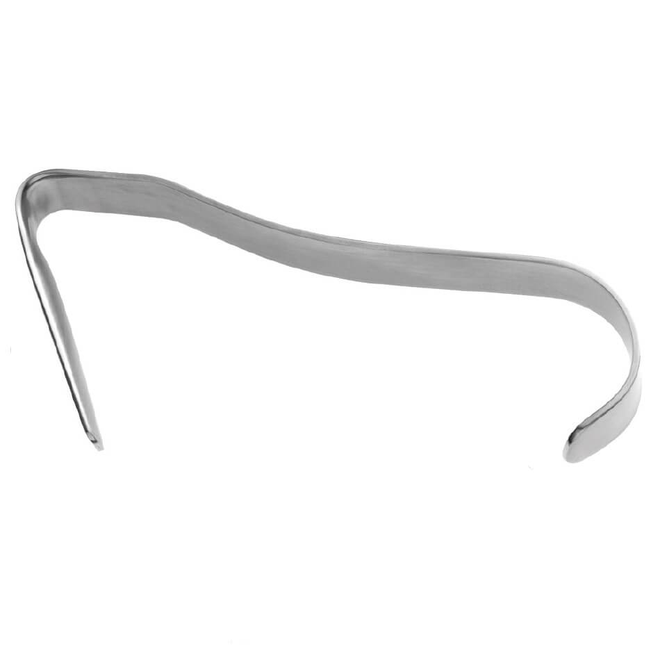 A Converse Stainless Steel Retractor, 4-1/4″ (10.5cm), 49mm Tapered Blade characterized by its concave, smooth design. The blade appears sharp on one end with an ergonomic handle on the other, designed for easily slicing through bagels. The background is plain white.