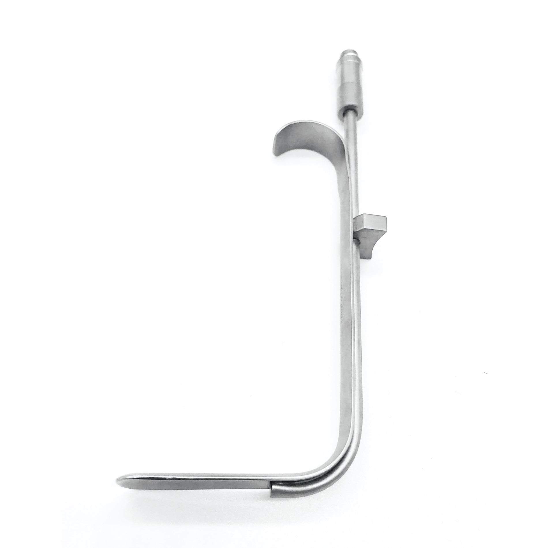 The Aston Submental SS Retractor, 5-1/4″ (13.5cm) Handle, 6cm x 18mm Tapered Blade w/Fiber-Optics with a curved blade and a slender handle. The handle is straight with a small notch and ends in a cylindrical grip. The retractor is designed for use in medical procedures to hold back tissue or organs.