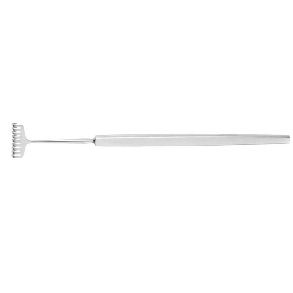 An Miller Rake Stainless Steel Retractor, 5-1/4″ (13.5cm), 9 Sharp Prongs with a metal finish, reminiscent of a surgery retractor. The Miller Rake Stainless Steel Retractor features a rake-like head with several prongs and a telescopic handle that can be extended or retracted for convenience.