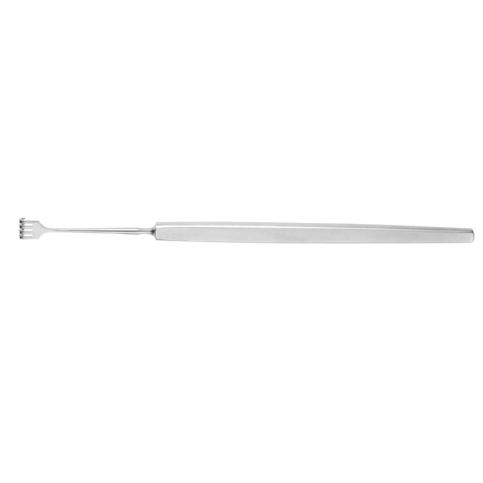 A Rollet Stainless Steel Retractor, 5″ (12.5cm), 4 Sharp Prongs with a small claw-like end, featuring a long, thin handle. The collapsible handle is adjustable in length, making it easy to reach different areas of the back effortlessly.