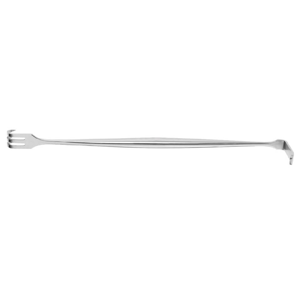 A Senn Retractor, 6-1/4″ (15.8cm) is a long, slender stainless steel tool with a three-prong fork on one end and a flat, angled edge at the other, designed for general use in handling food on a grill or barbeque.