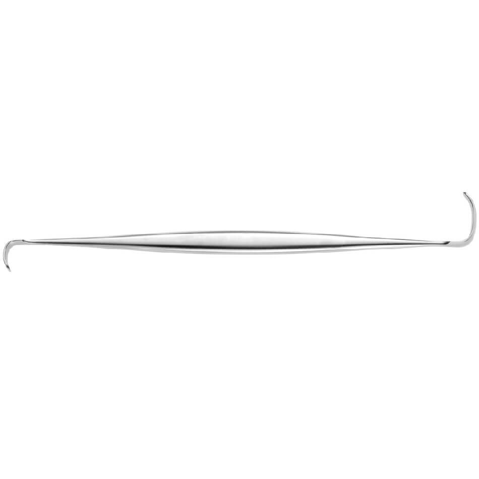 A Ragnell Retractor, 6″ (15cm) featuring a double-ended design with narrow, curved tips and an ergonomic handle. The tool is primarily used for examining and cleaning teeth, embodying a sleek, polished finish.