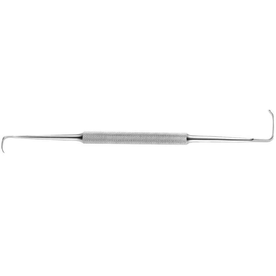 A Biggs Stainless Steel Retractor w/Fiber-Optics and Smoke Evacuation with a textured, ergonomic handle and hooked tips on both ends, used for removing plaque and tartar from teeth.