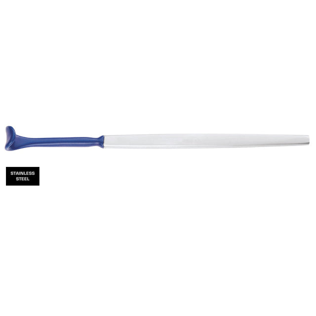 A long, tapering DesMarres Insulated Lid Retractor, 5-1/2″ (14cm) with a blue hilt and guard. The sleek, straight blade features a simple hilt design reminiscent of nasal retractors. A label in the corner indicates that the sword is made of stainless steel.