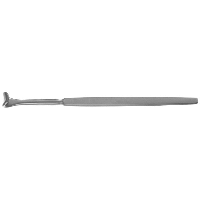 Image of a DesMarres Lid Retractor, 5-1/2″ (14cm) with a long, sleek handle and a slightly curved end for easily sliding feet into shoes. The design is minimalistic and functional, featuring a solid, smooth metallic finish, reminiscent of tools used in transconjunctival blepharoplasty procedures.