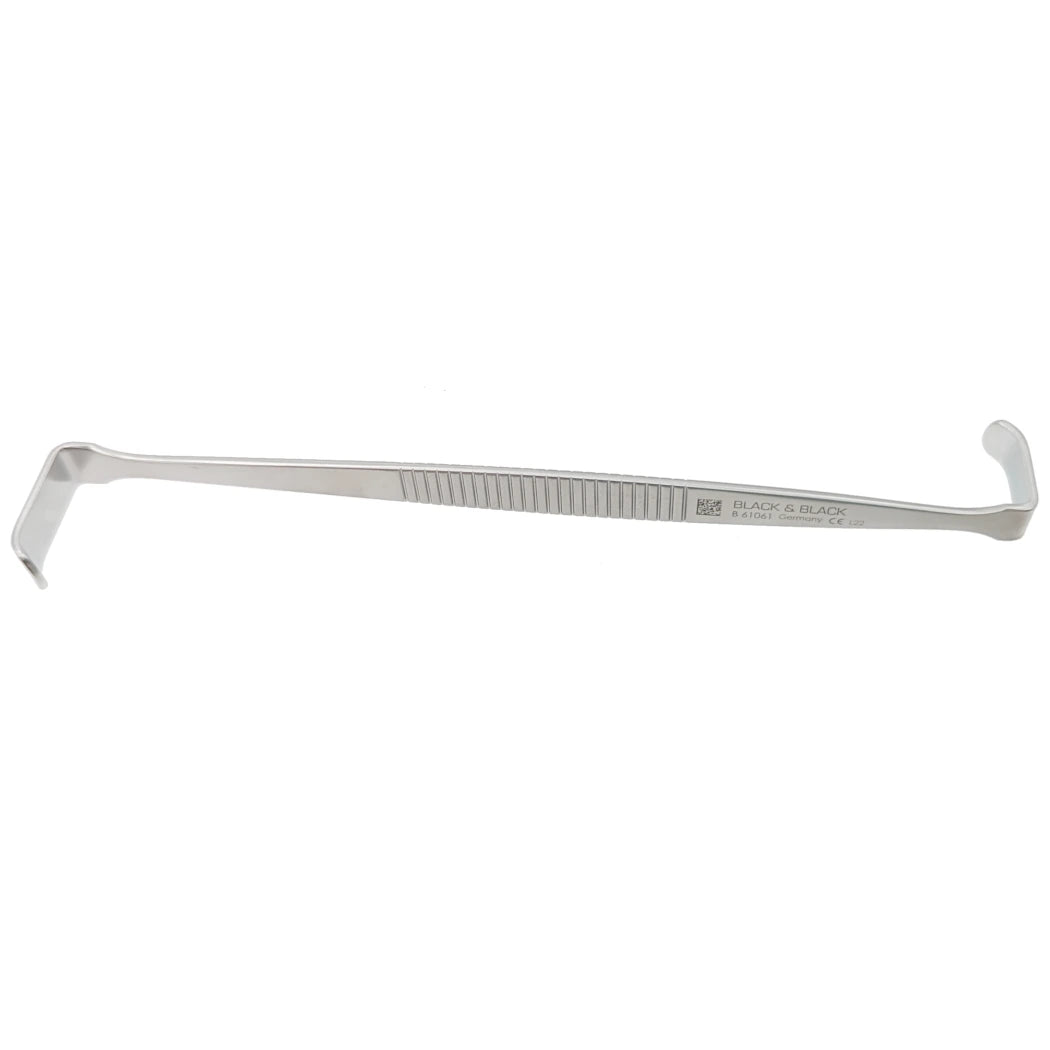 A metal surgical instrument, called a Peng Double-Ended Retractor, 6″ (15cm), with two hooked ends. The middle section features a ribbed texture for grip, with engraved text on one side displaying the manufacturer&