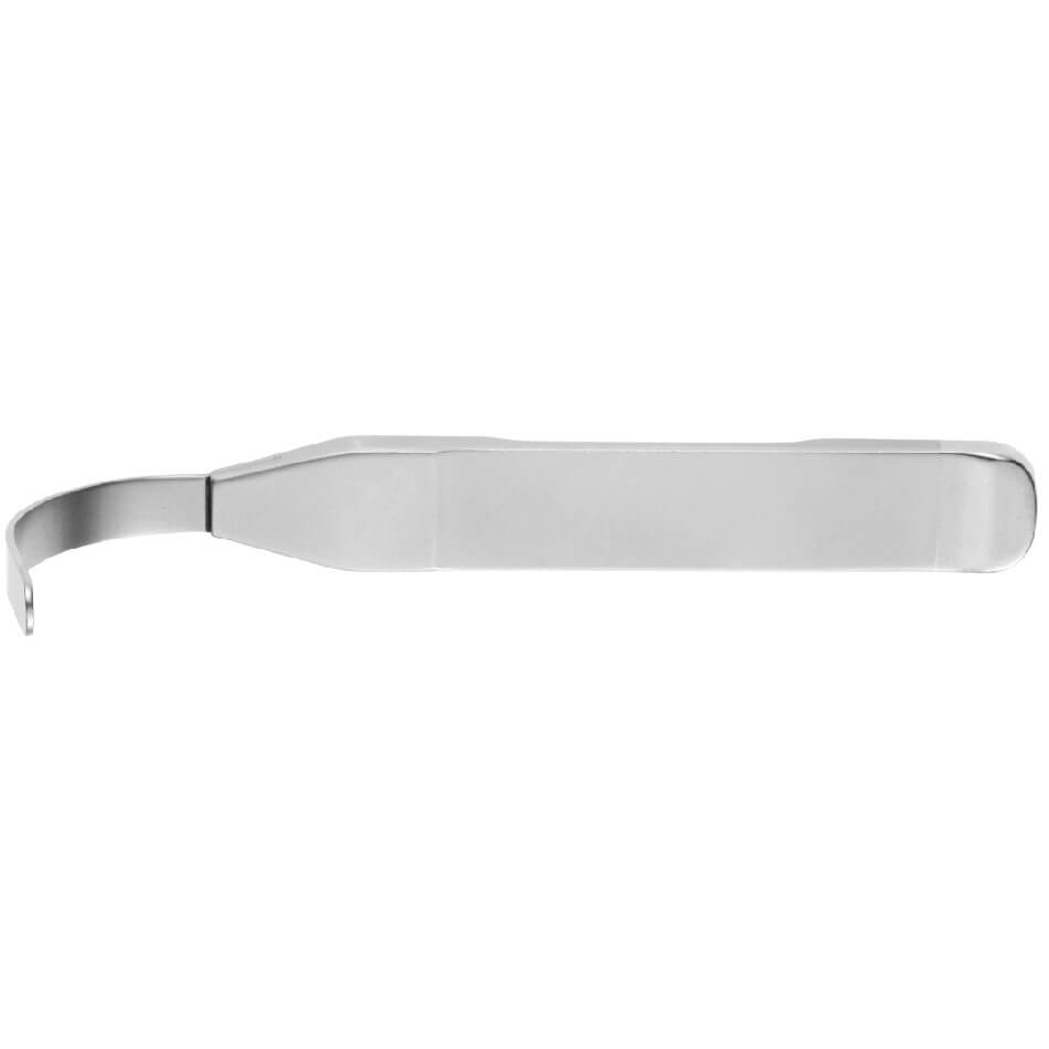 A long, sleek, metallic tool with a broad handle that tapers into a narrow, curved tip. The slightly hooked end is ideal for precision tasks in medical or dental fields and is commonly used for retraction during procedures like rhinoplasty. This tool is known as the Tebbetts Ribbon Retractor, 5″ (12.5cm), 7mm Wide.