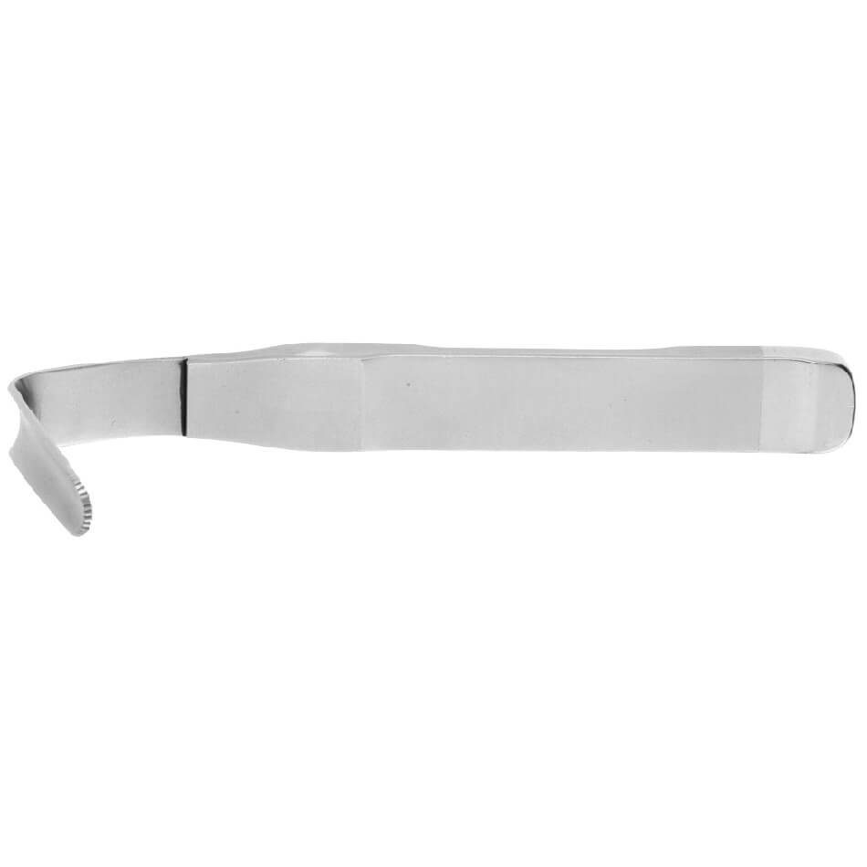 A Tebbetts Aufricht Retractor, 4-3/4″ (12cm), 9mm x 1-3/8in blade w/ teeth with a curved end, inspired by the Aufricht design. The handle is flat and smooth, while the curved end features a textured grip for precision during dental procedures. Perfectly suited for atraumatic stabilizing teeth and designed for professional dental use.