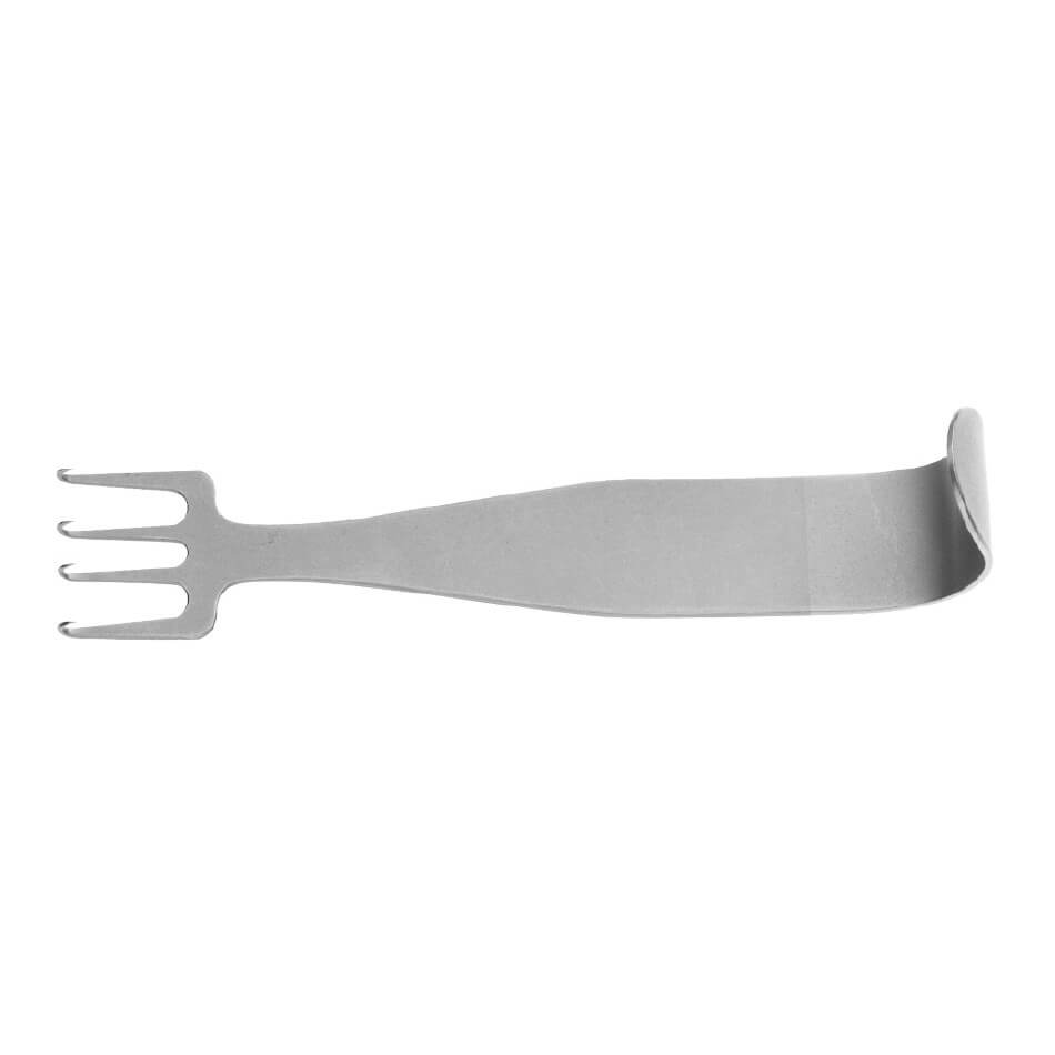 The Maxwell Flap Retractor, 4-1/2″ (14.4cm) is a metal tool with a four-pronged fork on one end and a curved, flat section on the other. The tool is clean, silver in color, and appears to be made of stainless steel. The simple, functional design suggests it could serve culinary purposes or act as a retractor in surgical settings.