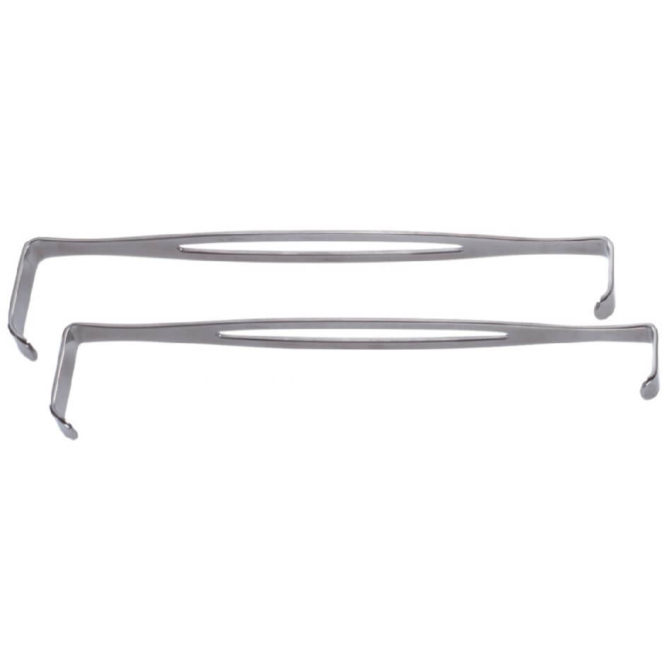 Two identical, sleek, silver metal tools with a flat, elongated design. Both have a central rectangular cutout and slightly curved ends. These US Army Retractors, 8-1/2″ (21.5cm), Set Of Two are aligned parallel to each other against a plain white background.