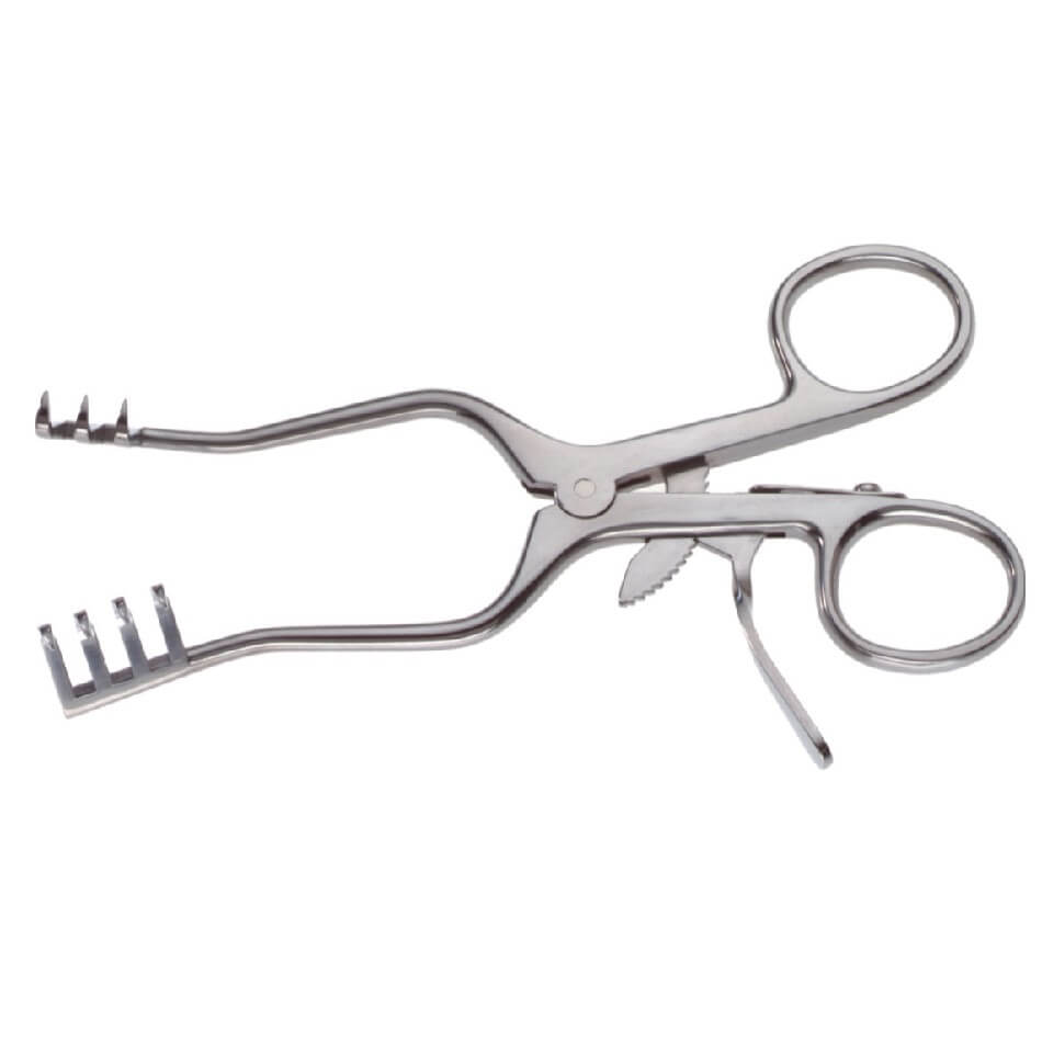 A metal surgical instrument with two scissor-like handles and interlocking teeth at the tips, designed for grasping or holding tissues in medical procedures. This Weitlaner Retractor, 2×3 Prongs, 4-1/2″ (11.5cm) features a sleek, stainless steel appearance and a locking mechanism near the handles, ideal for precise tissue retraction.