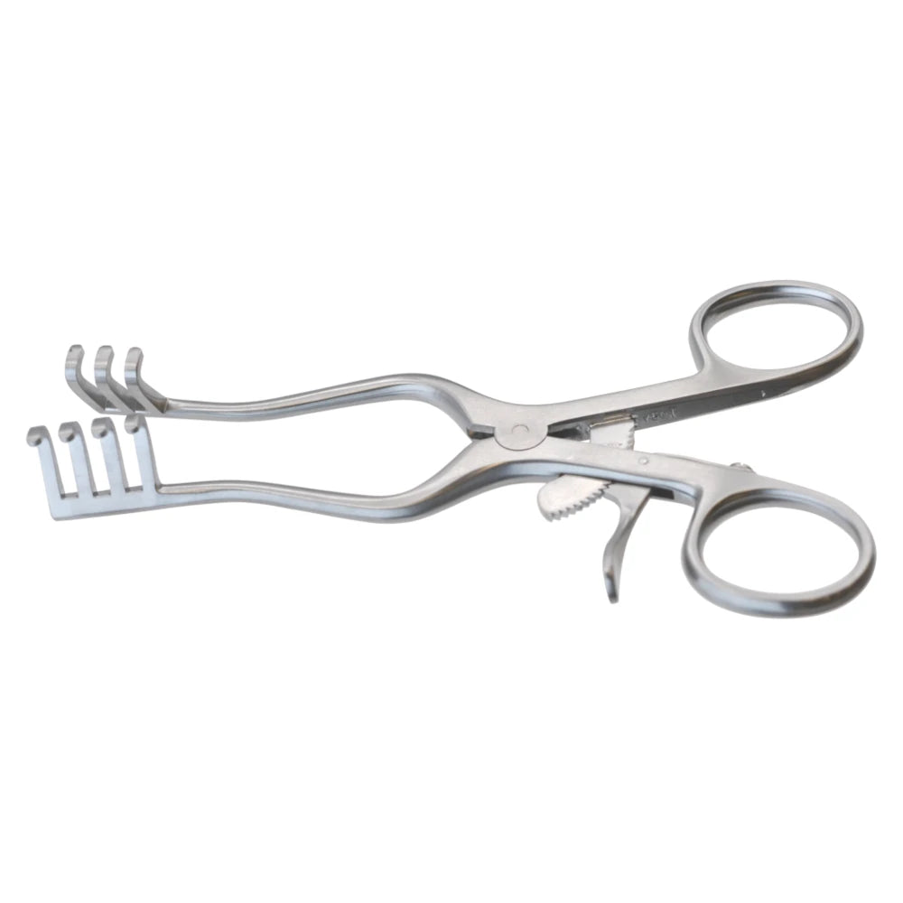 A photo of a Weitlaner Retractor, 3x4 Prongs, an orthopedic surgical instrument. The retractors, often used in cranial bone grafts, are made of stainless steel and feature multiple hooked ends for retracting tissue during surgery. The handles resemble scissor handles for ease of use.