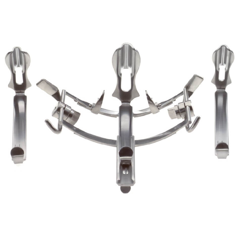 A modern metal **Dingman SS Mouth Gag Retractor, Grooved** with adjustable parts, designed to keep the mouth open during procedures like cleft palate surgery. The system features several connected components with hooks and levers for securing and positioning, including cheek retractors for optimal access inside the mouth.