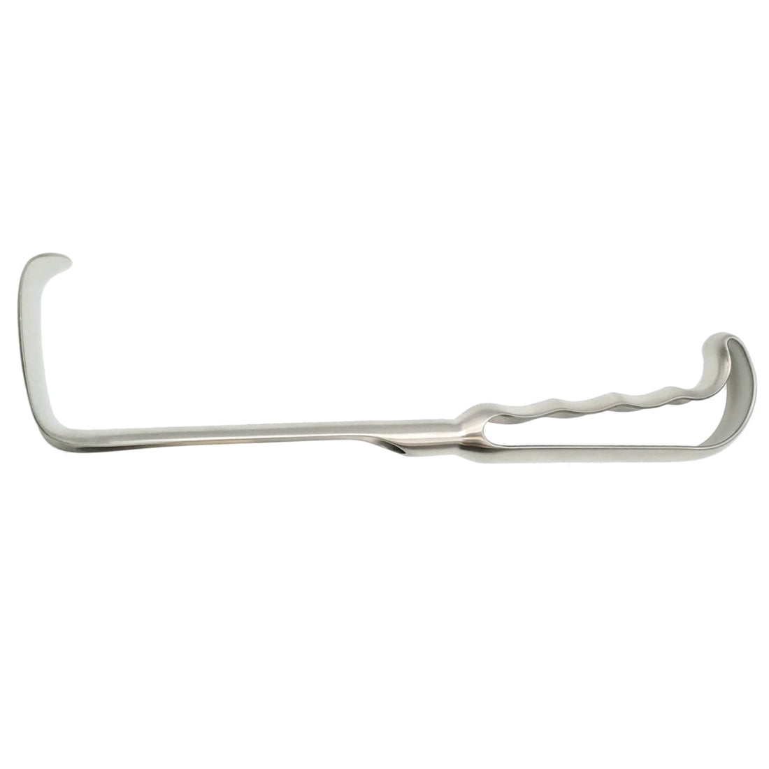 A Kelly Retractor Loop-Handle, 10″ (25cm), 1-1/2 x 2″ Deep, 3.8cm x 5.1cm Blade with a handle featuring a wavy gripping texture. The tool has a curved end and is used for assisting in animal obstetrics. The sleek design is practical for professional use.