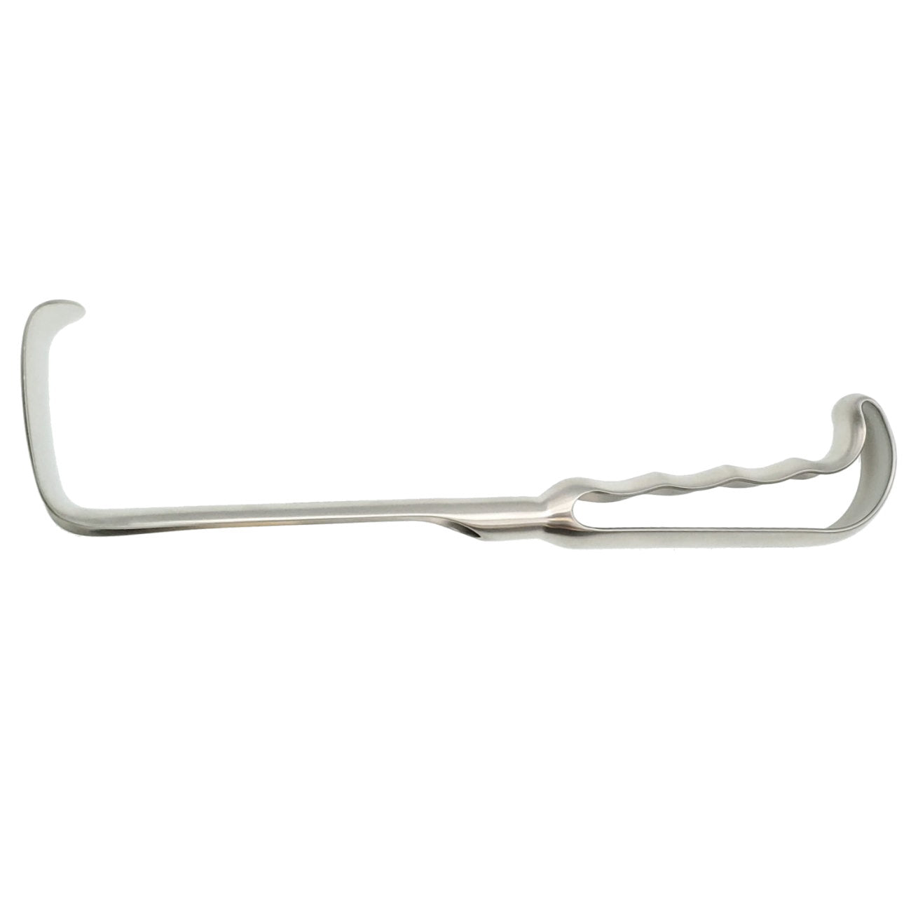 A Kelly Retractor Loop-Handle, 10″ (25cm), 1-1/2 x 2″ Deep, 3.8cm x 5.1cm Blade with a handle featuring a wavy gripping texture. The tool has a curved end and is used for assisting in animal obstetrics. The sleek design is practical for professional use.