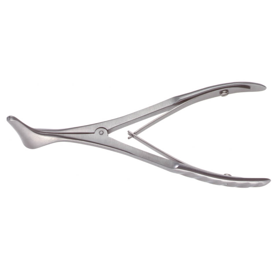 A Vienna Nasal Speculum, 5-1/2″ (14cm) with a curved design and serrated handles, boasting a satin finish, specifically crafted for removing teeth.