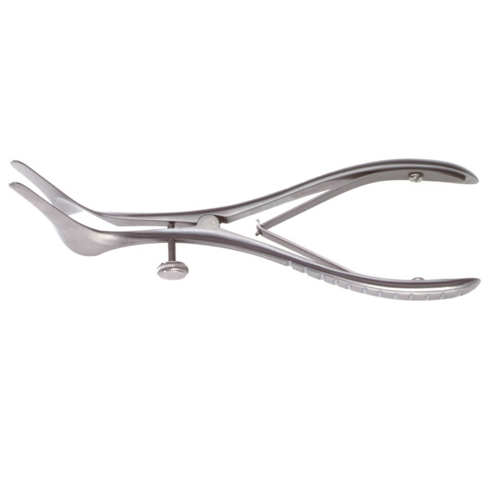 Cottle Nasal Speculum, 5-1/2″ (14cm), 2″ (50mm) with a curved handle and a flat, scooped tip, seen against a white background. The tool boasts reduced glare for precision medical or dental use and includes a screw mechanism for adjustment.