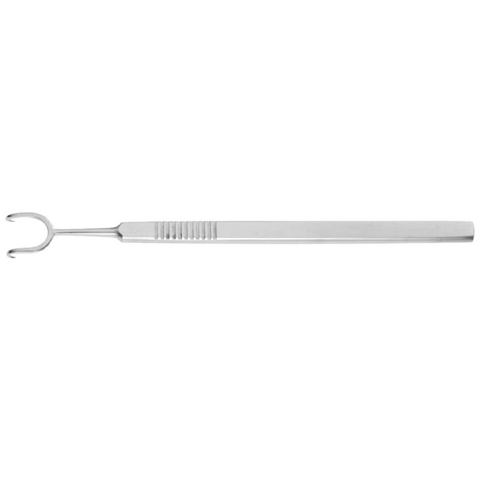 A surgical instrument with a long, straight handle and a small, curved, open-ended loop at one end. The curved segment is designed to hold or position objects. The handle includes a textured grip area for better control, making this Cottle Retractor, 5-1/2″ (14cm), 2 Sharp Prongs invaluable in delicate procedures.