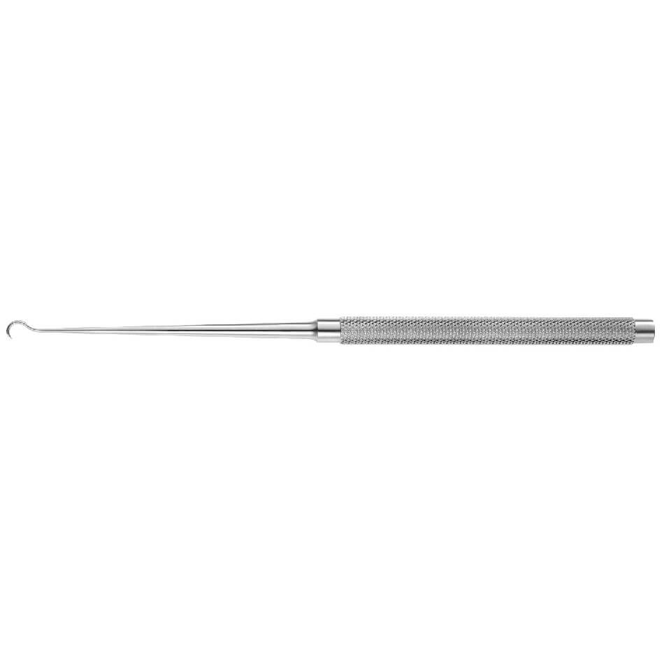 A Kleinert-Kutz Hook, 6-1/4″ (16cm) is a metal tool with a long, slender body and a textured grip. One end tapers to a narrow point with a small hook. Often referred to as a skin hook, this tool is ideal for precision tasks such as crafting, electronics, detailed work, or even facial surgery.