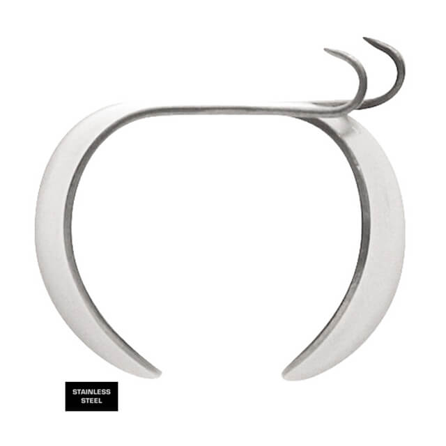Close-up image of a Millard Thimble Hook, Double Hook, 18mm Wide featuring a curved, crescent-like shape with a double-hooked end. The word "STAINLESS STEEL" is displayed in the bottom left corner.