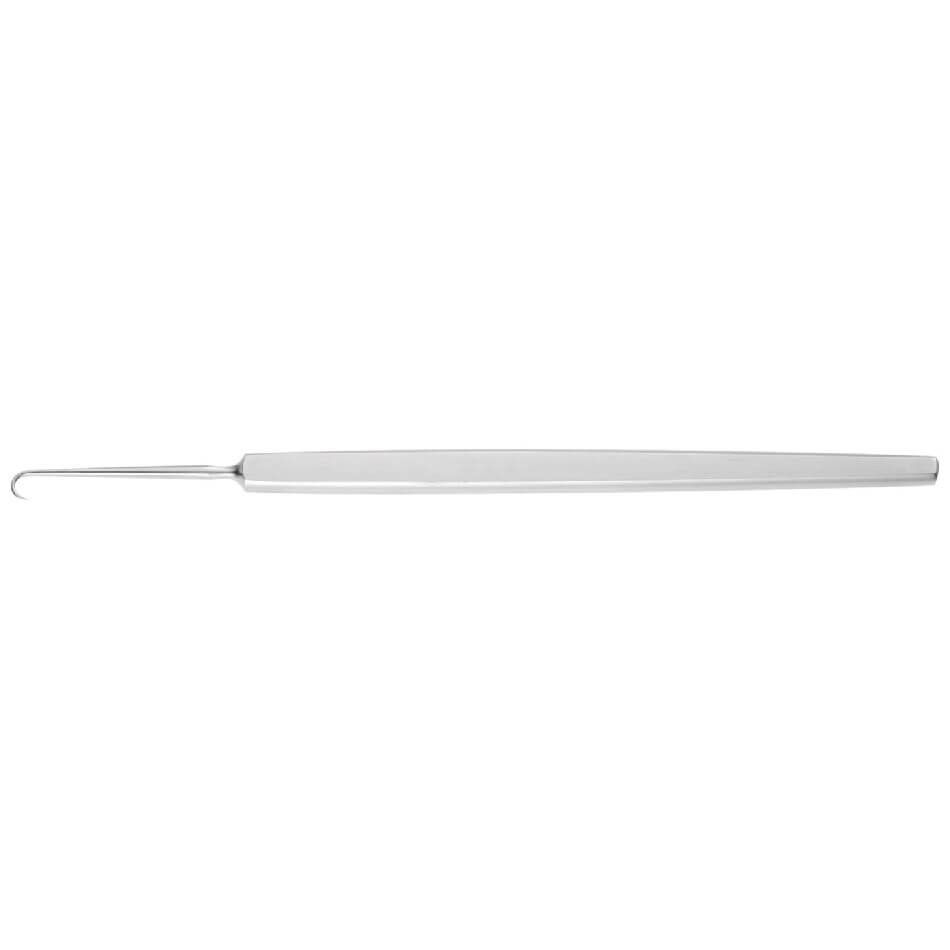 A B&amp;B Skin Hook, 5″ (12.5cm) featuring a long, slender handle that tapers to a fine, curved hook at one end. The tool is designed for threading buttons through buttonholes or performing delicate plastic surgery procedures requiring precision with a small hook.