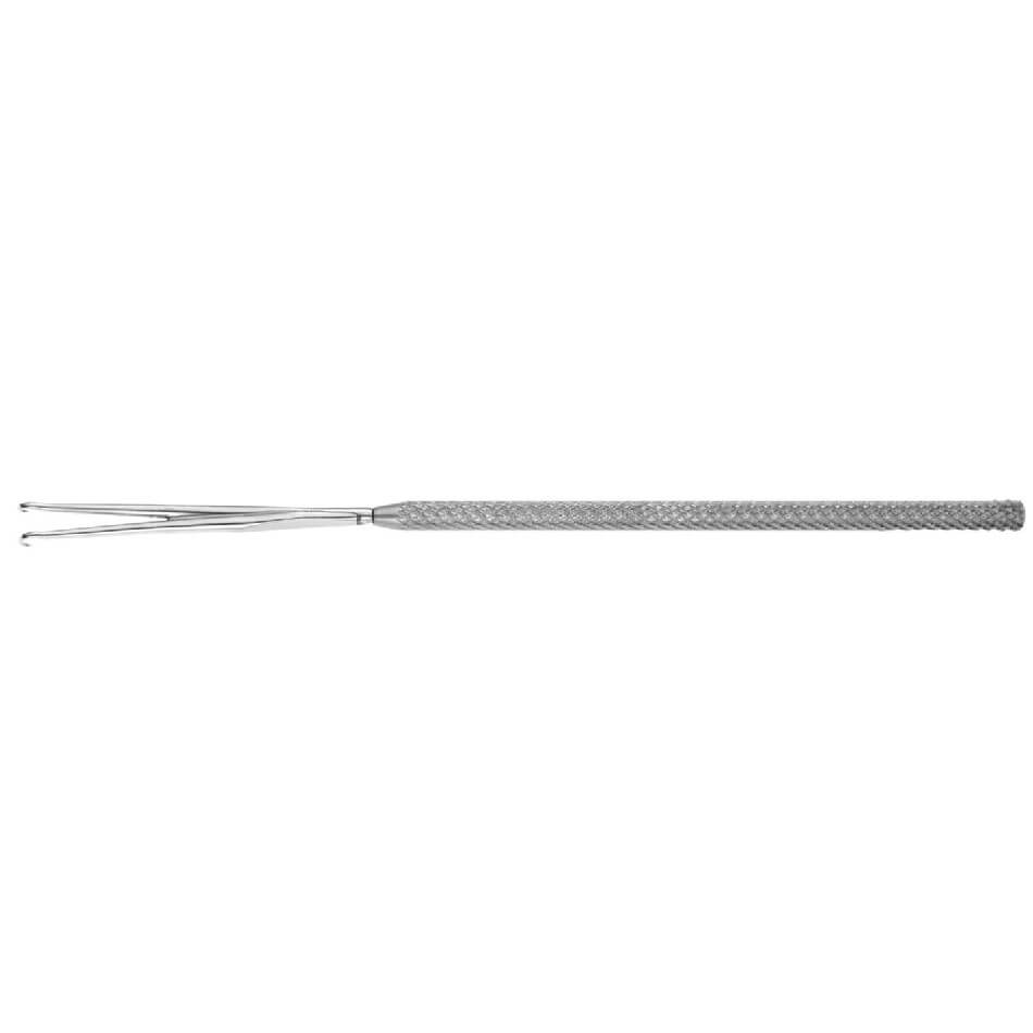 An image of a Barsky Double Skin Hook, 5-1/2″ (14cm), 5mm with a textured grip and delicate forked prongs at one end.