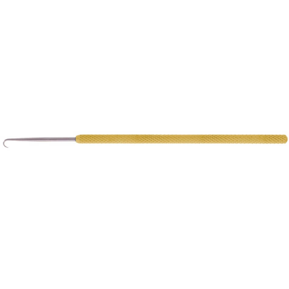 A small metal Light Weight Straight Skin Hook, 6″ (15cm) with a lightweight handle and a curved hook tip at one end, used for cleaning and examination of teeth. The yellow textured handle provides a positive grip for better control during use.