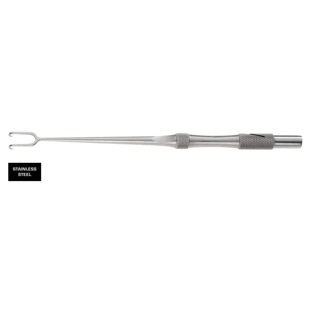 An image of a Tebbetts Self-Retaining Skin Hook, 6″ (15cm) with a long, thin handle and a small, U-shaped forked end. The handle features textured grips near both ends for better control during rhinoplasty procedures. A label beside the tool reads &quot;STAINLESS STEEL.&quot; The tool appears to be used in plastic surgery.