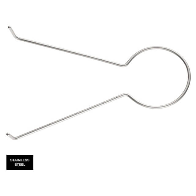 Image of a McKissock Keyhole Breast Reduction Marker. It has a circular loop at one end and two long, straight, semi-malleable limbs extending from the loop, each with a small hook at the tip. A &quot;Stainless Steel&quot; label is shown in the bottom left corner.