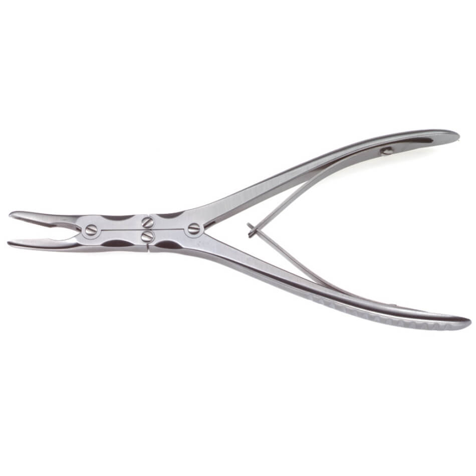 A Beyer Stainless Steel Rongeur, 7″ (18cm), 3mm Jaw with a narrow, pointed tip and spring mechanism. The tool features double action for increased strength and has two textured handles, making it ideal for precision work. It is displayed against a plain white background.