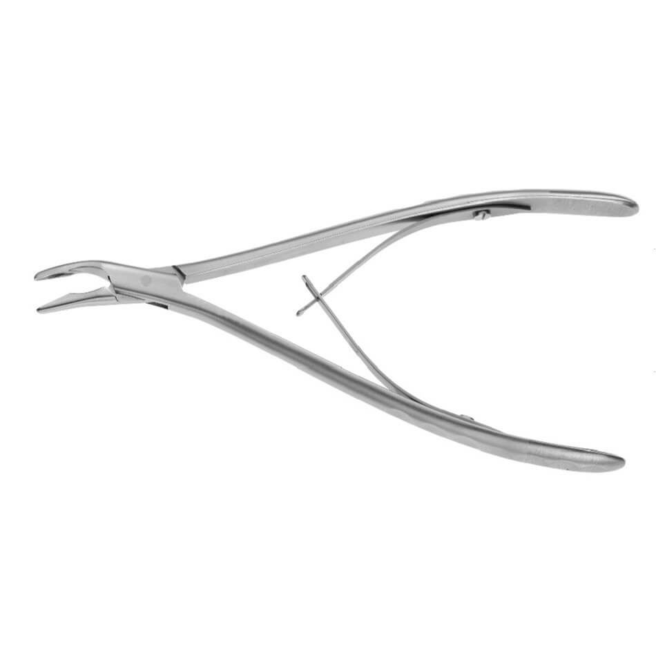 A Tebbetts Rongeur, 6-1/4″ (16cm), 2.5mm Jaw is a shiny, silver metal dental instrument with a curved handle and a long, narrow jaw. It has a scissor-like spring mechanism and pointed tips, designed for surgical precision in dental procedures and nasal bone surgery. The tool is isolated on a white background.