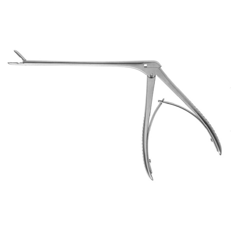 A pair of silver, metal Takahashi Cutting Forceps, 5-1/2″ (14cm), Shaft Length, 2.5mm with a long, straight handle and angled, serrated tips designed for gripping small fragments. The forceps also have a scissor-like handle with a spring mechanism for precise control, ideal for procedures like the removal of polyps from the nasal cavity.