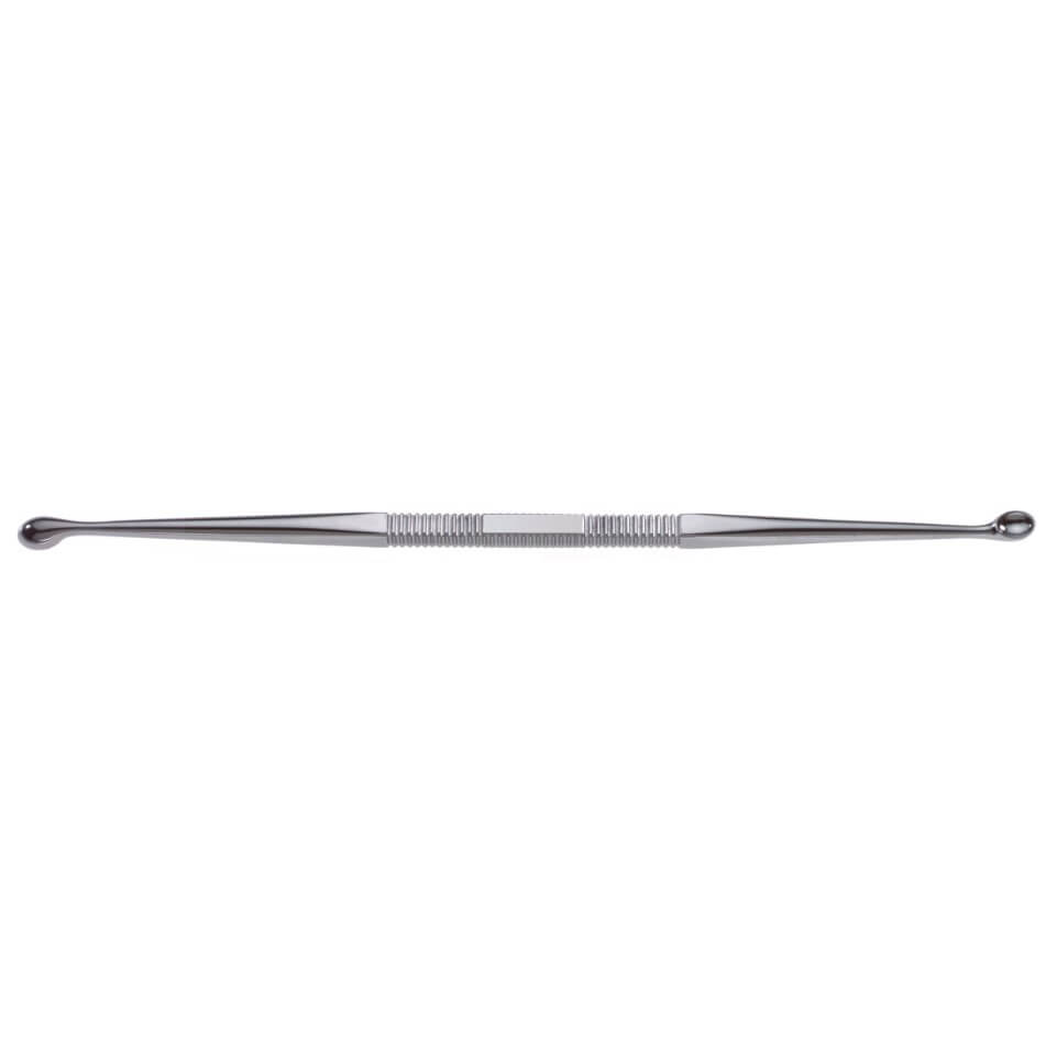 A Converse Double-Ended Curette, 8″ (20cm). Each end features a small, rounded, scoop-like loop designed for extracting blackheads and other impurities from the skin. The tool has a textured grip in the center for better control, ensuring precision without scraping nasal bone areas.