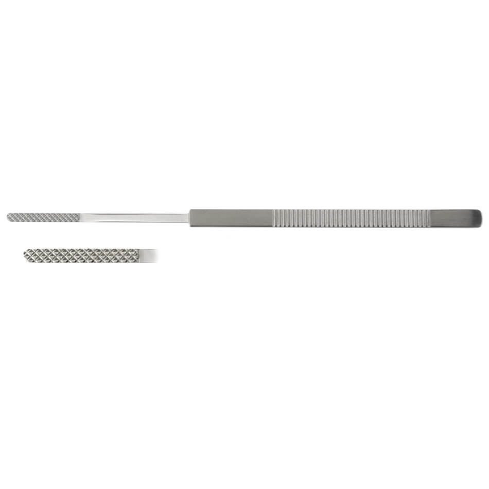 A Livie Rasp, 6-3/4″ (17cm) dental instrument with a long handle and a textured file-like end. The handle has a grooved section for grip and another knurled section is placed alongside for comparison, boasting an extra thin blade for precision during office procedures.