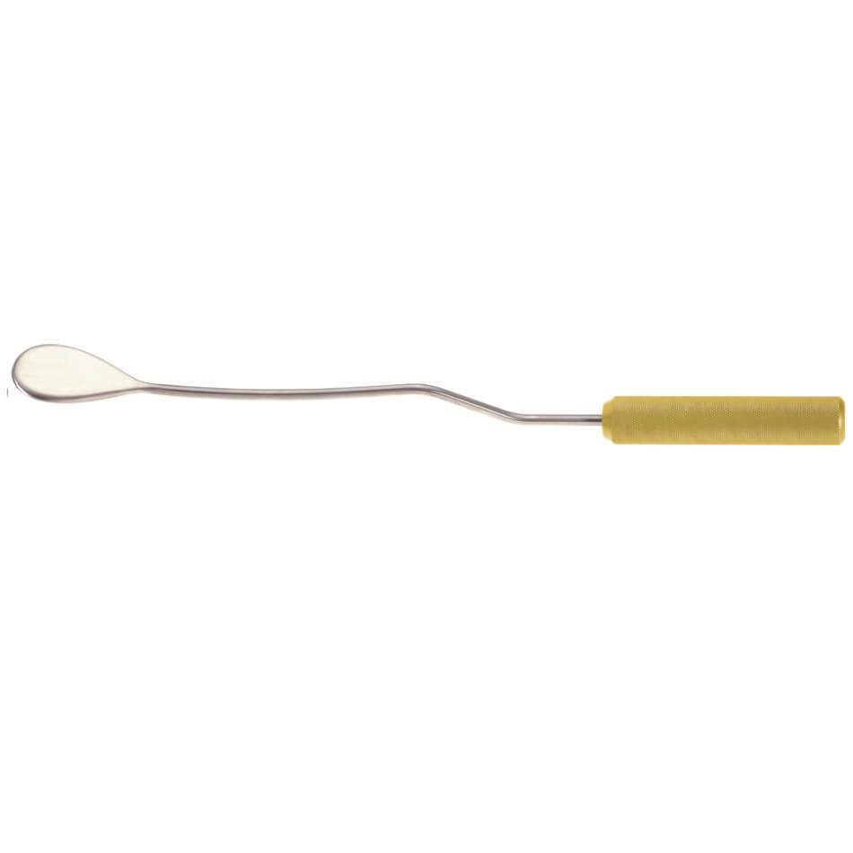 A Maccollum-Dingman Dissector, 13″ (33cm) with a yellow handle, a slightly curved metal shaft, and a small, rounded, flat blade at the end. Ideal for tissue dissection during procedures like breast augmentation using the transaxillary approach. The grip-friendly handle and shiny stainless steel surface enhance precision.