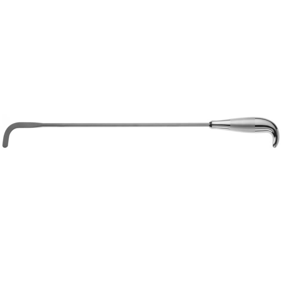 A Tebbetts Angulated Dissector, 13″ (33cm) with a sleek, hooked design reminiscent of an angled dissector. The handle is elongated and smooth, leading to a curved end for easy shoe-wearing assistance. The entire tool is silver in color.