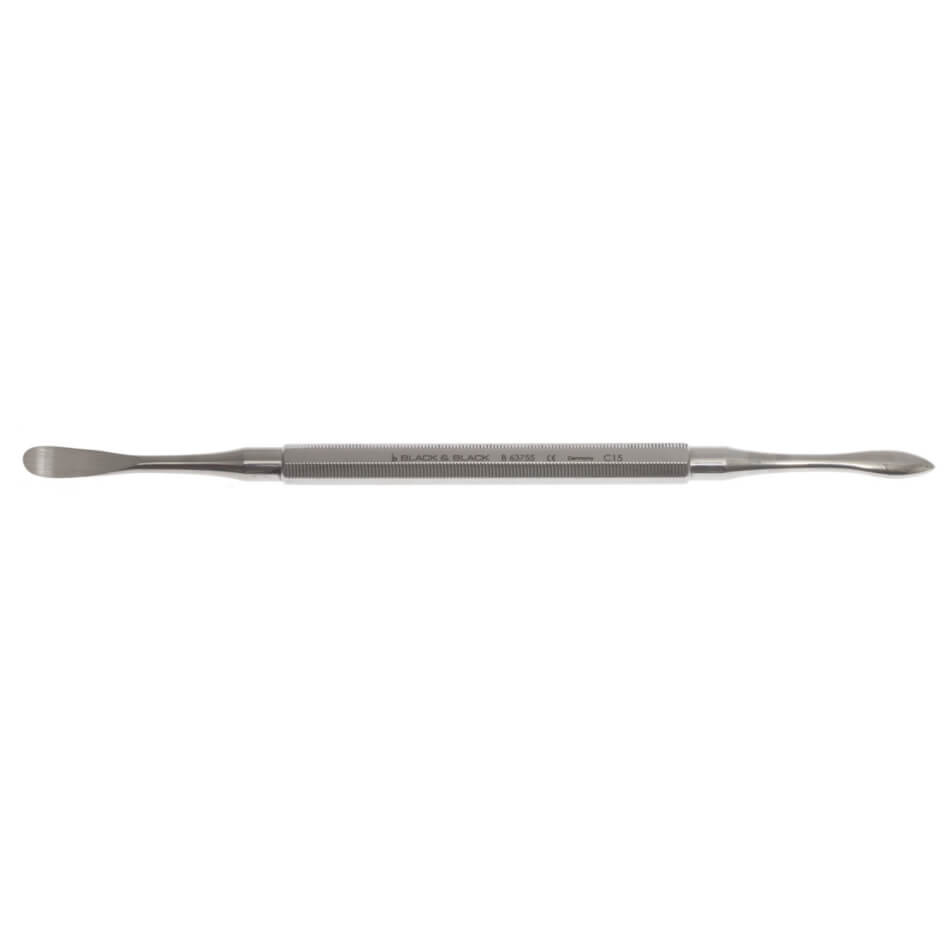 A Straight Molt Elevator, 7-1/2″ (18.7cm), Double Ended with smooth, flat, and rounded tips on both ends. The handle has a textured grip for better control. Resembling a straight elevator in design, this tool is primarily used in dentistry for manipulating and handling dental materials.