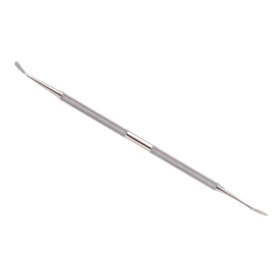 An elongated, **Woodson Double-Ended Elevator, 7″ (18cm), straight/angled** with textured grips in the center for better handling. Each end has a flat, curved blade designed for precise elevation and trimming of cuticles during manicure procedures.