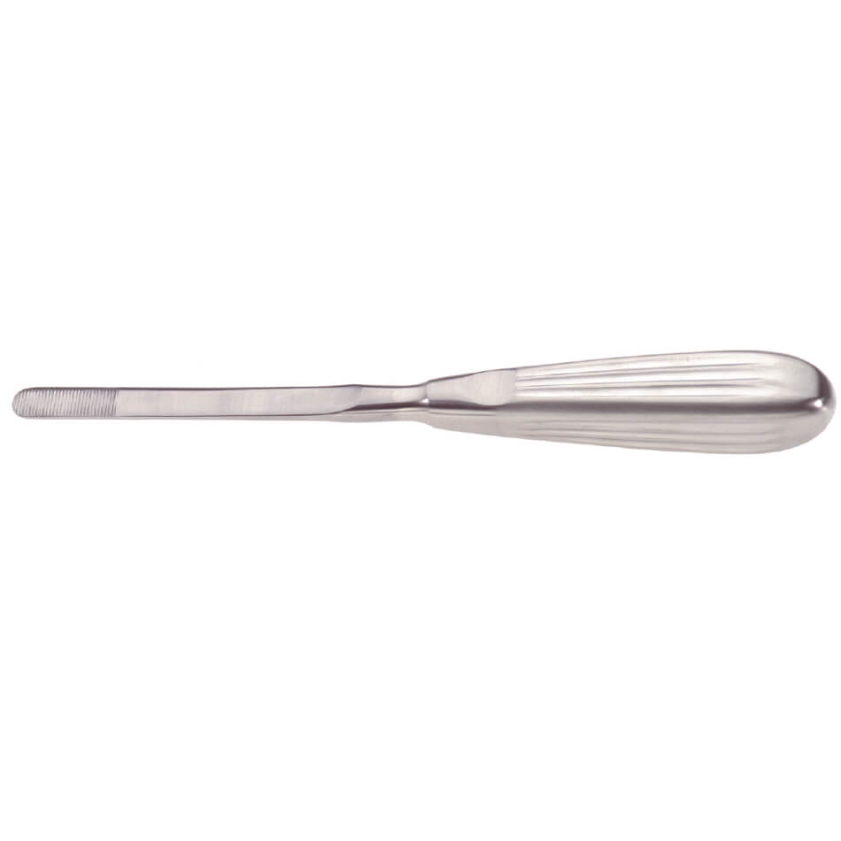 A Boies Elevator, 7-3/4″ (19.5cm) with a textured handle and a flat, narrow, ridged tip designed for prying or levering teeth during dental procedures, as well as for manipulation of bone fragments. The instrument is displayed horizontally against a white background.