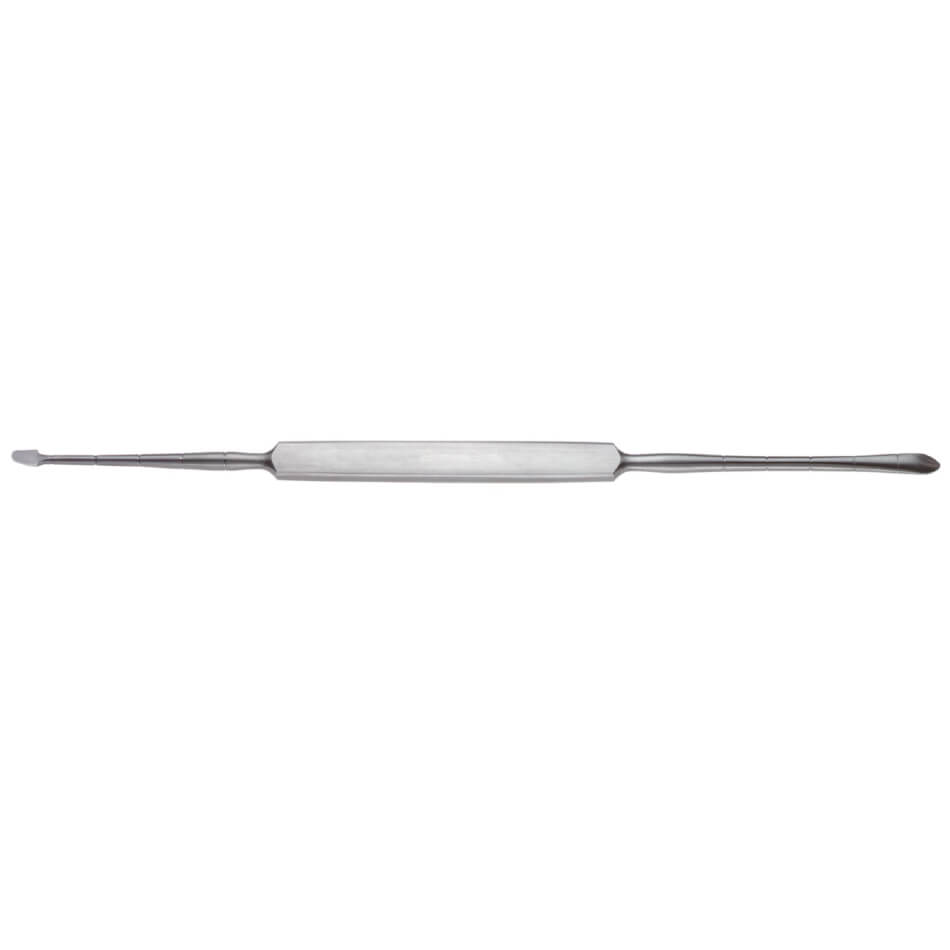 A long double-ended stainless steel cuticle pusher, resembling a Cottle Double-Ended Septum Elevator, 8-1/2″ (21cm), 4mm/3mm, Sharp/Blunt with one end having a flat, rounded edge for pushing back cuticles and the other end featuring a slightly curved, pointed tip for precise work. The tool has a smooth, sleek handle and measures about six inches in length.