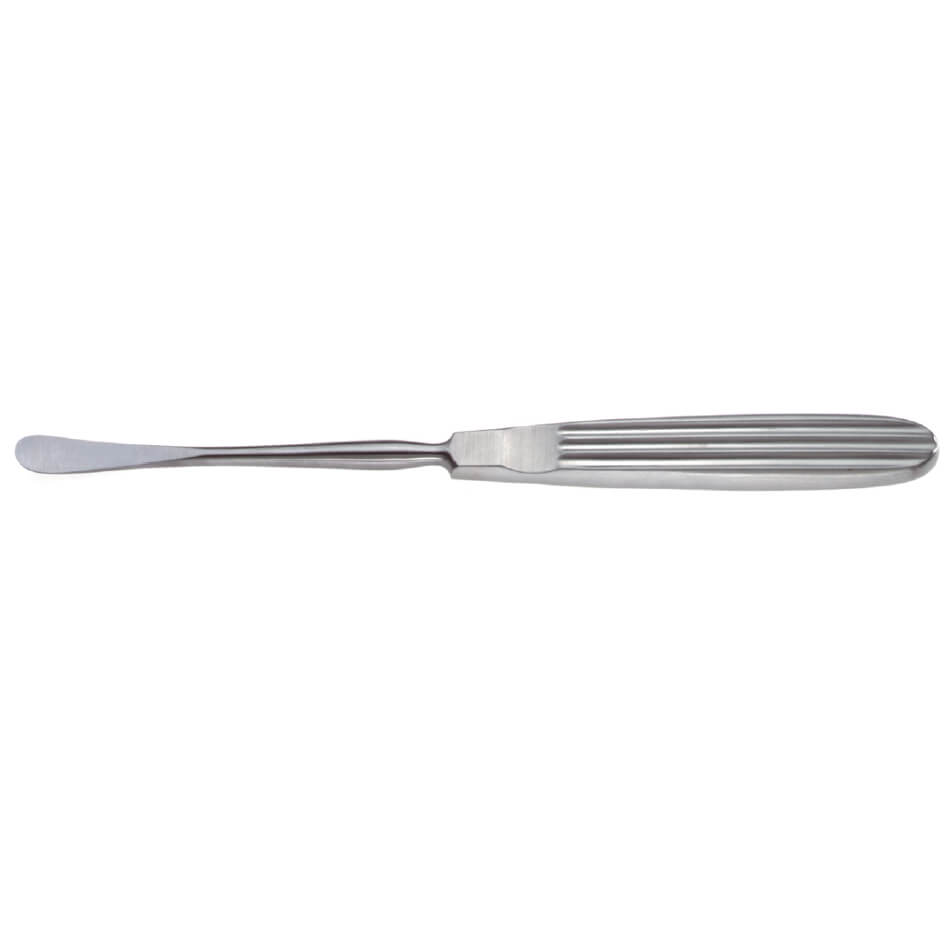 A Cottle Skin Elevator, 7-1/2″ (19cm), 10mm Wide with a smooth, narrow blade and a ribbed handle. The elevator has a subtle, elegant design reminiscent of the precision seen in rhinoplasty procedures and is photographed against a plain white background.