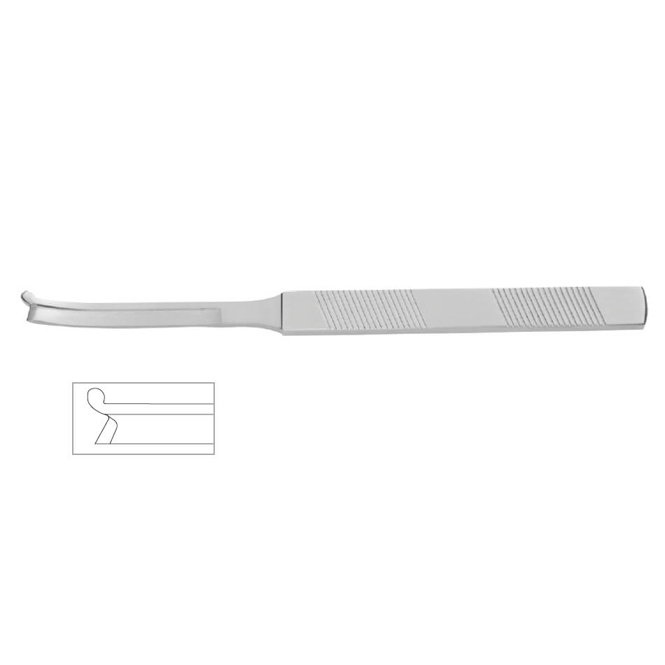 A Silver Stainless Steel Osteotome, 7″ (18cm), featuring a flat, textured handle and a curved end. An inset diagram shows the detailed shape of the curved end, highlighting its precision design ideal for lateral osteotomy.