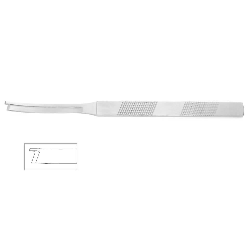 A Ristow Stainless Steel Osteotome, 8″ (20cm) with a rectangular handle featuring a textured grip portion. The handle extends to a longer curved blade designed for dental procedures. An inset image shows a close-up side view of the tool&