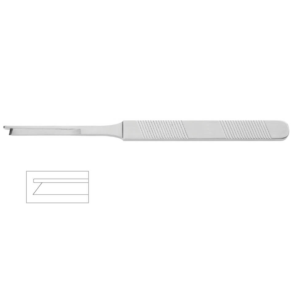 Image of a straight Parkes Osteotome, 7″ (18cm), with a detachable blade designed for controlled cuts. The handle is textured with ridges for grip. There is also a small line drawing inset of the blade and handle mechanism, highlighting the blade attachment design.