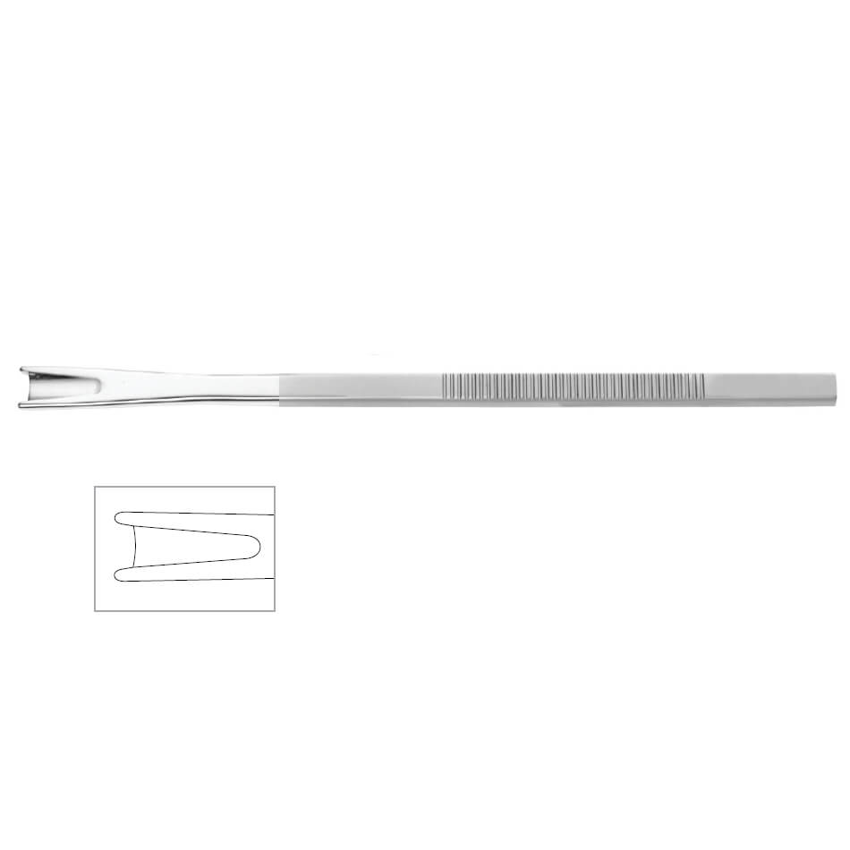 A long, metallic surgical instrument with a flat handle and a straight shaft ending in a bifurcated tip, often used for removing chips from the nasal dorsum. The handle features a textured grip. A small inset image shows a close-up view of the bifurcated tip. This is the Parkes Gouge Osteotome, 7″ (18cm), 6.5mm.