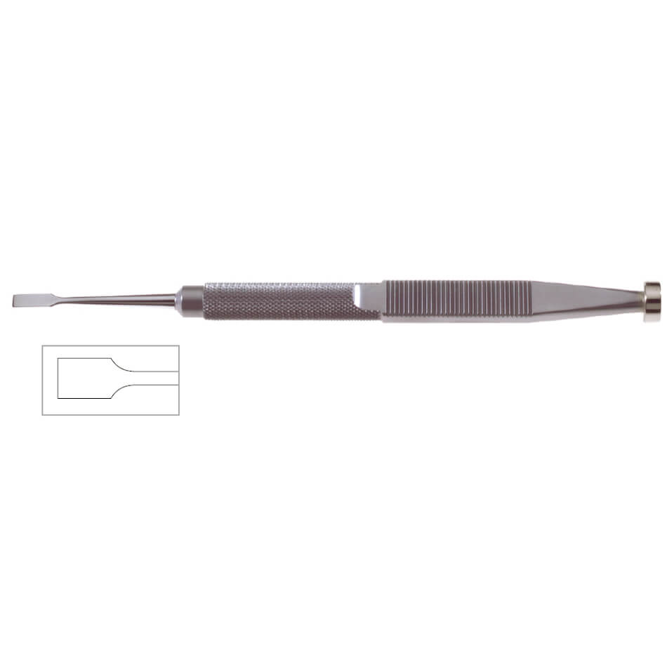 A Tebbetts Intranasal Osteotome, 7″ (18cm) with an ergonomic, cylindrical handle, a grooved grip, and a flat, rectangular tip. The inset shows a close-up drawing of the tip&