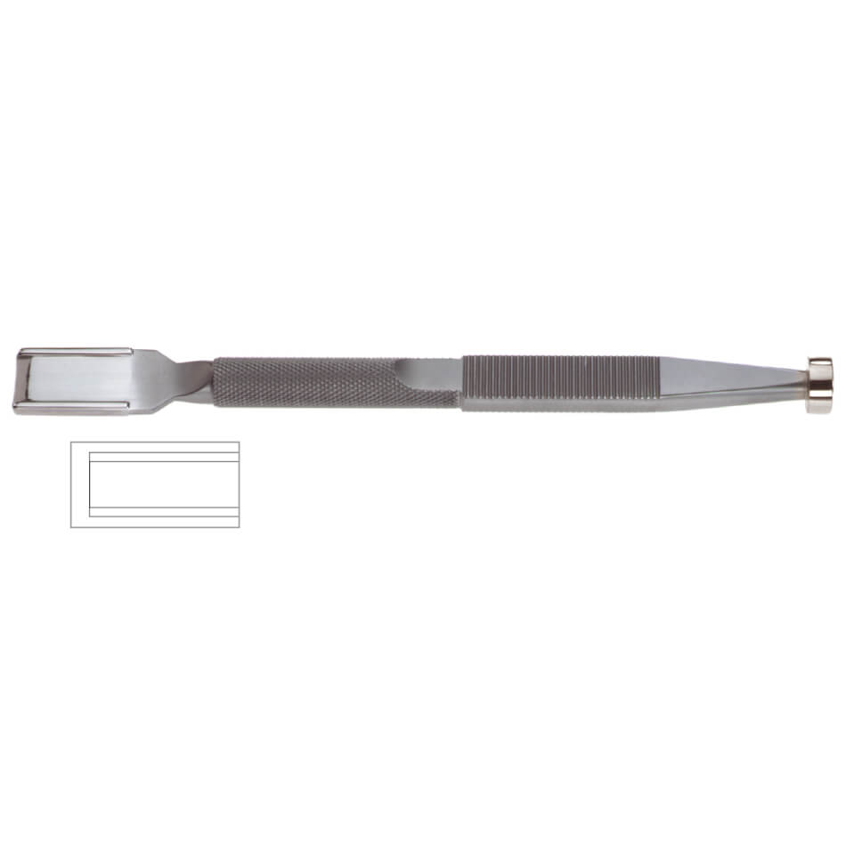 A Tebbetts Dorsum Osteotome, 6-7/8″ (17.5cm), with an ergonomically designed handle, a flat rectangular end with a slot, and a round knob on the opposite end. The tool appears to be a specialized clamp or holder. A line drawing of the tool is shown beside it for reference.