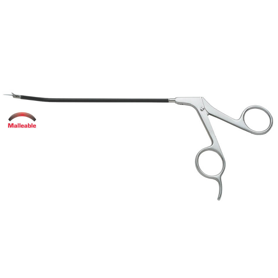 Image of a surgical tool with thumb-actuated ring handles. The instrument has a long, thin shaft with a small tip at the end, ideal for endoscopic procedures. It is labeled "Daniel Endoforehead Scissors, 6″ (15cm), Straight Blade" with an arrow indicating a flexible area near the tip. The tool appears to be designed for delicate tasks.